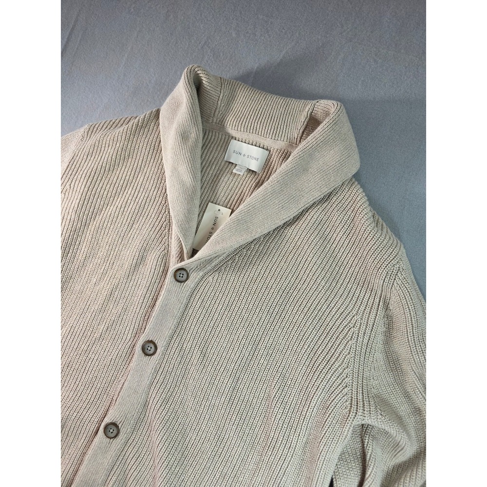 Sun + Stone Mens XXL Beige Ribbed Shawl Collar Button Front Cardigan Sweater NEW
